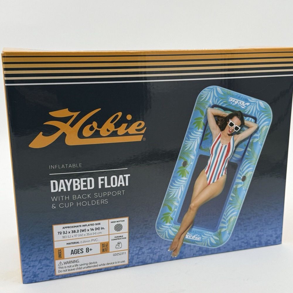 Hobie Inflatable Daybed Float w/ Back Support, Cup Holders, Blue, Pool Beach NIB
